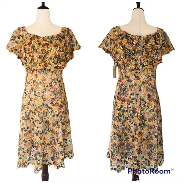 ALEX MARIE Off The Shoulder Yellow Lace Midi Dress Size 6 Wedding Guest Cottage‎ - Image 2