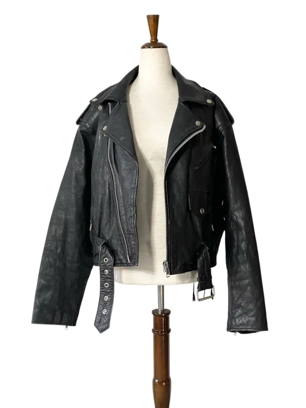 VINTAGE SARAH Black Leather Moto Jacket Size L - Image 3