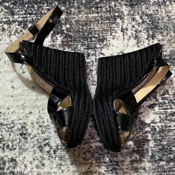 Jimmy Choo Black Patent Espadrille Wedge Sandals Size EU 37 WUS 6.5 - Image 2