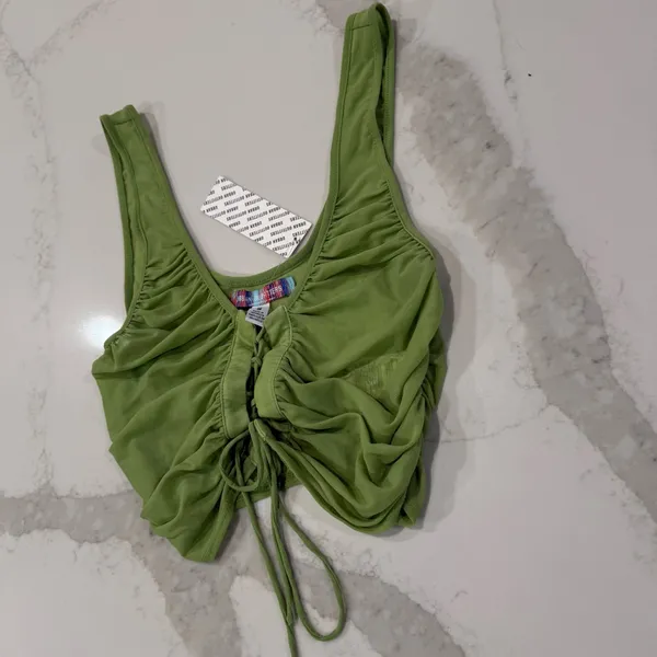 Urban Outfitters NWT Ruched Lace Up Cropped Sheer Tank Top Women’s Medium Green - Image 6