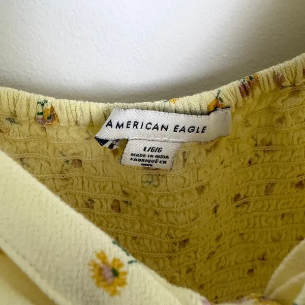 American Eagle Babydoll Blouse Yellow Floral Short Sleeve Boho Cottage Large - Image 5