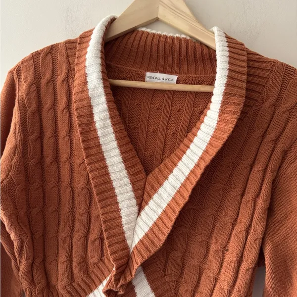 Kendall & Kylie Rust Brown Varsity Crop Sweater White Stripe‎ Knit - Image 2