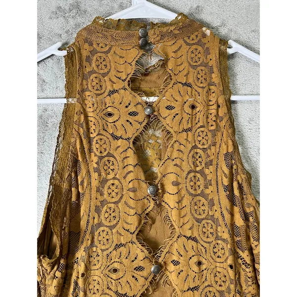 Free People Verushka Mini Dress Size 12 Golden Honey Lace Fit Flare Boho 12 - Image 3