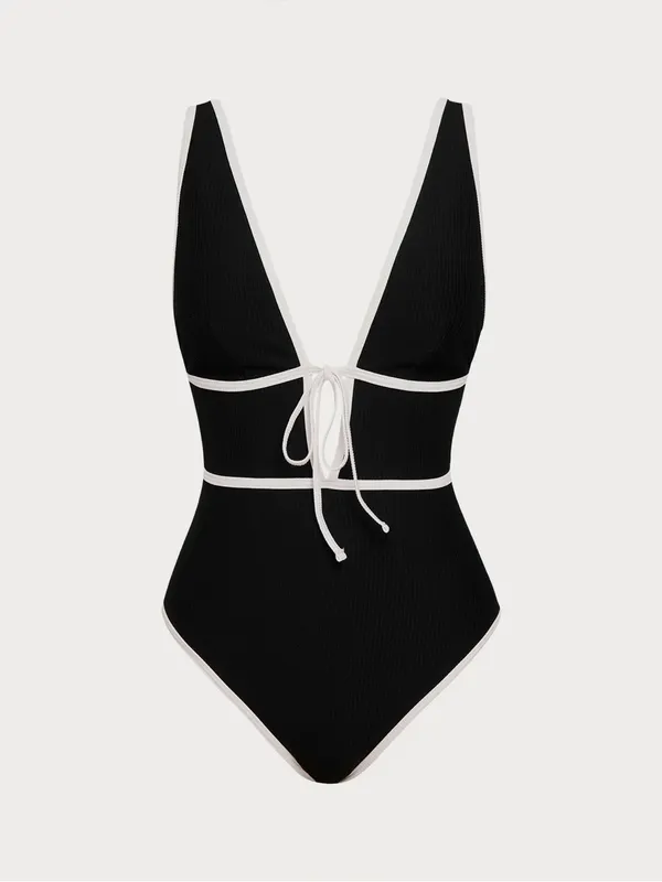 Berlook Black ribbed V Neck Tie One-Piece Swimsuit - Image 6