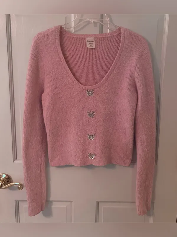 Pink Fuzzy Rhinestone Butterfly Button Long Sleeve Sweater - Image 2