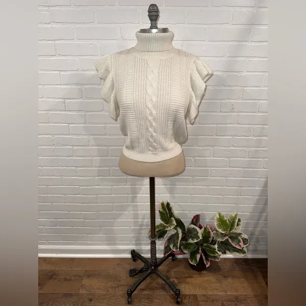 Elegant Off-White/Ivory Cable Knit Ruffle Sleeve Turtleneck Sweater - Image 2