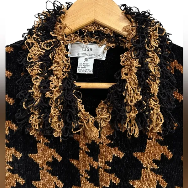 Lisa International Zip‎ Sweater Womens Gold Black Argyle Chenille Frilly 90s Y2K - Image 5
