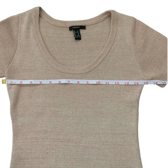Forever‎ 21 Nude Pink Side Slit Ribbed Short Sleeve Silhouette Dress Size M - Image 6