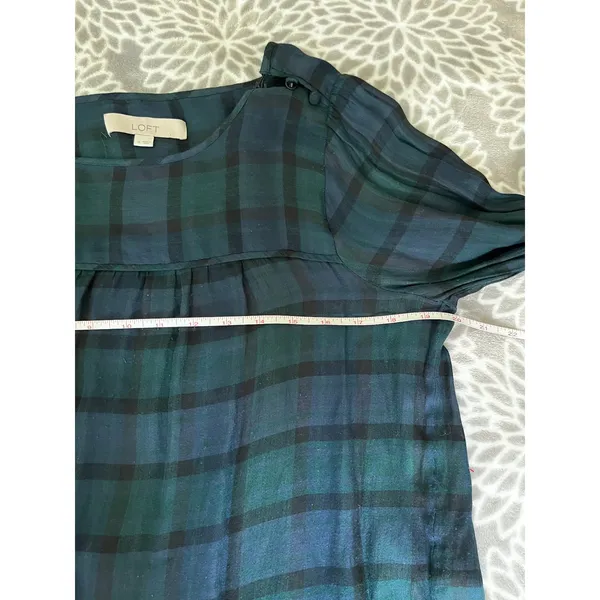 Loft Tartan Plaid Long Sleeve Blouse Medium Green Navy Blue Holiday Preppy Academia - Image 6