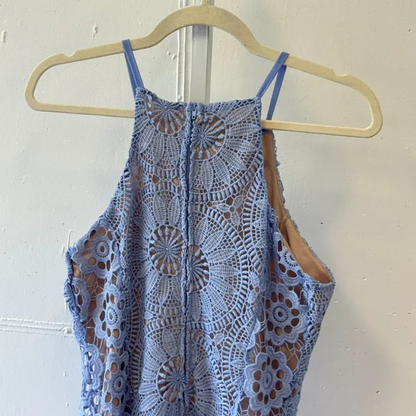Francesca's Blue Crochet Lace Halter Mini Dress Garden Party Medium Cocktail - Image 5
