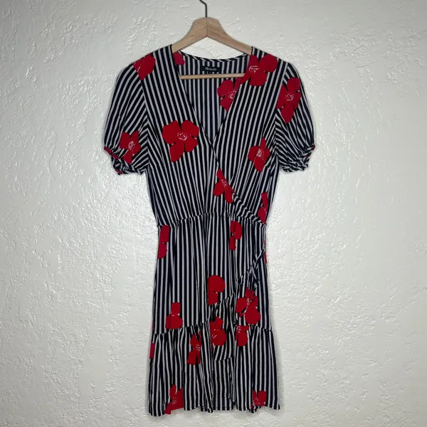 Madewell Women's Ruffle Wrap Mini Dress Candied Orchids Floral‎ Stripe Size 2 - Image 2