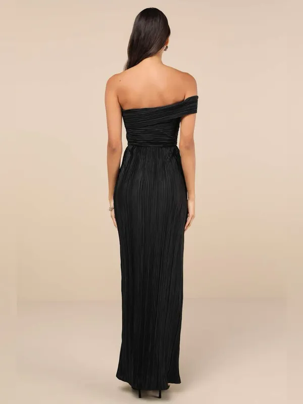 Lulus Lulus Poised Performance Black Plisse One-Shoulder Maxi Dress Size Small - Image 2