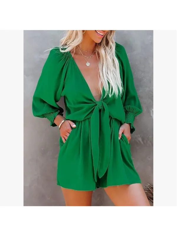 NEW Green Tie Knot Front V Neck Short Rompers M - Image 5