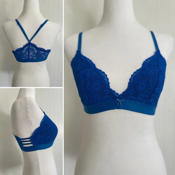 AERIE Lace Racerback Cross Back Lined Bralette Bra Lingerie Cobalt Blue Size M - Image 4