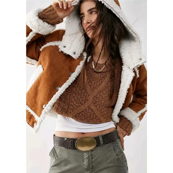 Free‎ People Vegan Leather Shearling Hooded Jacket Small Bohemian Western Winter - Image 2