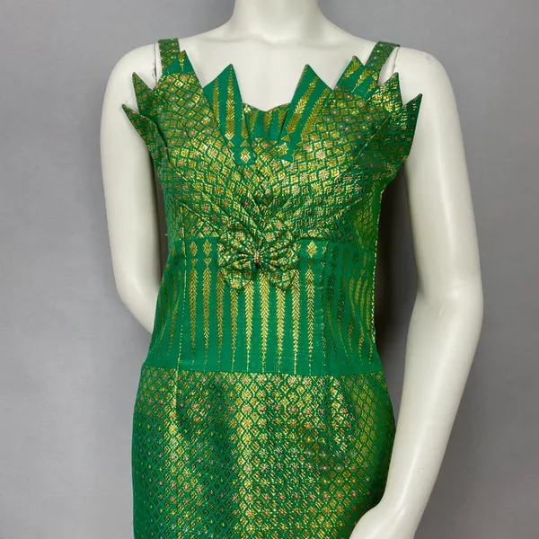 Origami Dress Formal Green Gold Mermaidcore Pointed Neckline‎ Sleeveless Women - Image 4