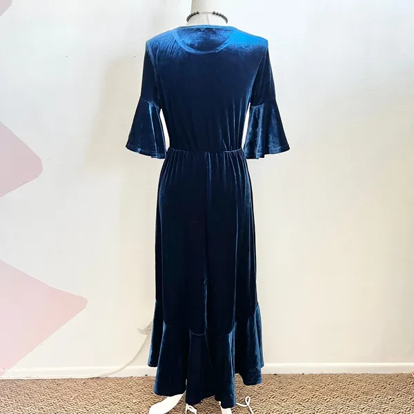 Blue‎ Velvet Maxi Dress Bell Sleeve Vintage Whimsigoth Goth Coquette Small - Image 2