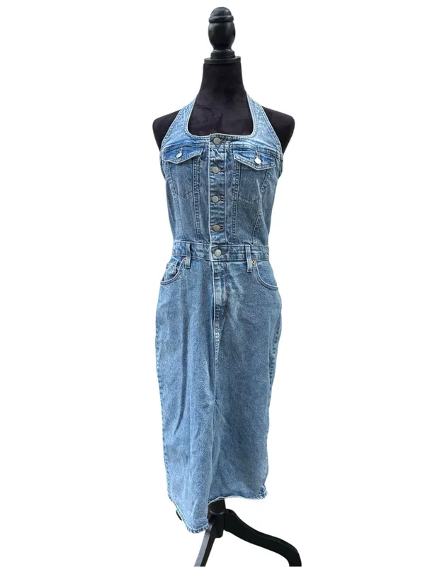 Universal Threads Denim Halter Midi Dress 90s Y2K Button Front Slit Pockets⁠ Sz 6 - Image 3