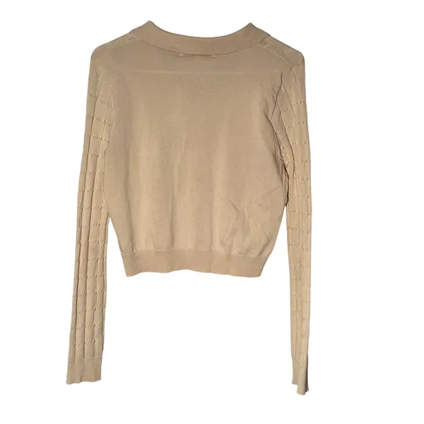 SWEET RAIN Womens Beige Cable Knit Collared Cropped Cardigan‎ Sweater Size L - Image 4