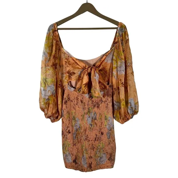 Here Comes The Sun Floral Smocked Balloon Sleeve Back Tie Mini Dress Orange Sz M - Image 4