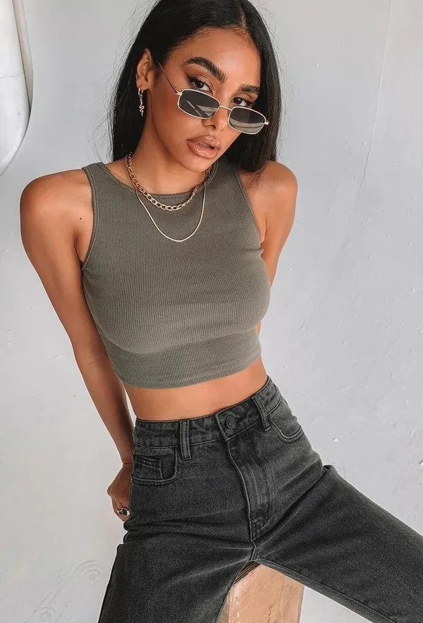 Princess Polly Darlington Crop Top in Khaki - Image 2