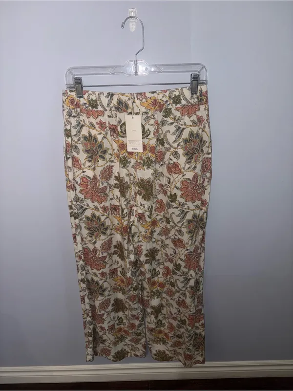 NWT Mango Cream Floral Wide Legged Trousers with Rust and Olive Motif - Image 5