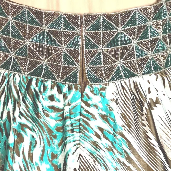 Animal Print Maxi Dress S Beaded Halter Brown Teal Flowy Mobwife Charmeuse - Image 8