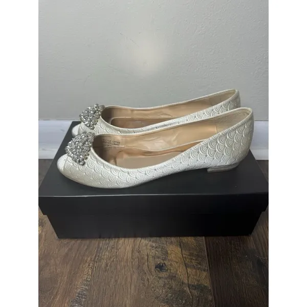 Badgley Mischka Ivory Embellished Peep-Toe Flats - Image 4