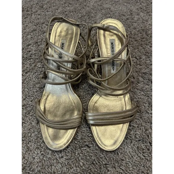 Vintage MANOLO BLAHNIK Metallic Champagne Lace-Up Sandal Stiletto Heels 37.5 - Image 3