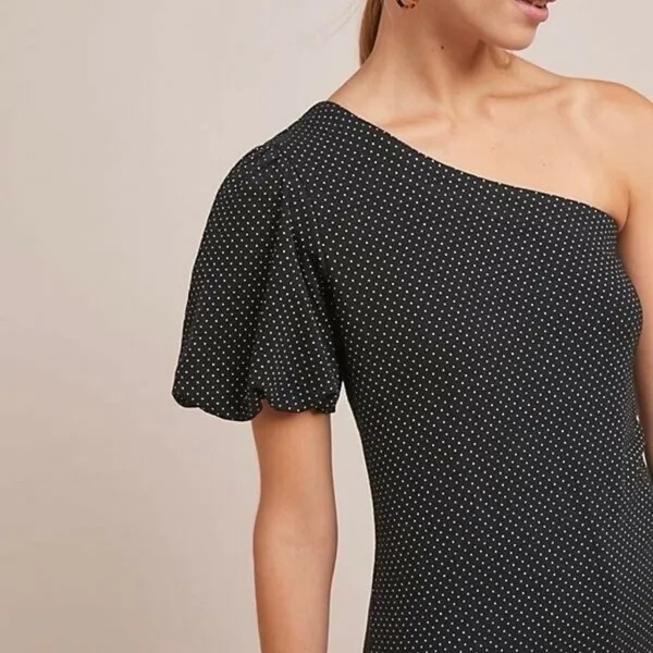 Anthropologie Maeve One Shoulder Top Black White Polka Dot Size Medium - Image 8