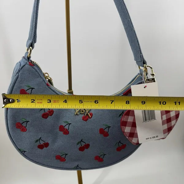 Betsey Johnson Denim Cherry Embroidered Heart Charm Gingham Shoulder Bag NWT - Image 10