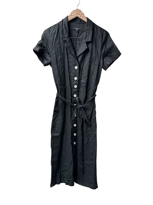 Quince 100% European Linen Button Front Short Sleeve Tie Midi Dress Black Small - Image 3