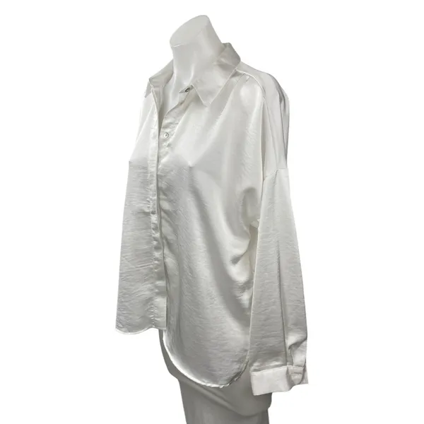 Zara Women's White Silky Satin Collared Long Sleeve Button Down Shirt Top Size M - Image 3