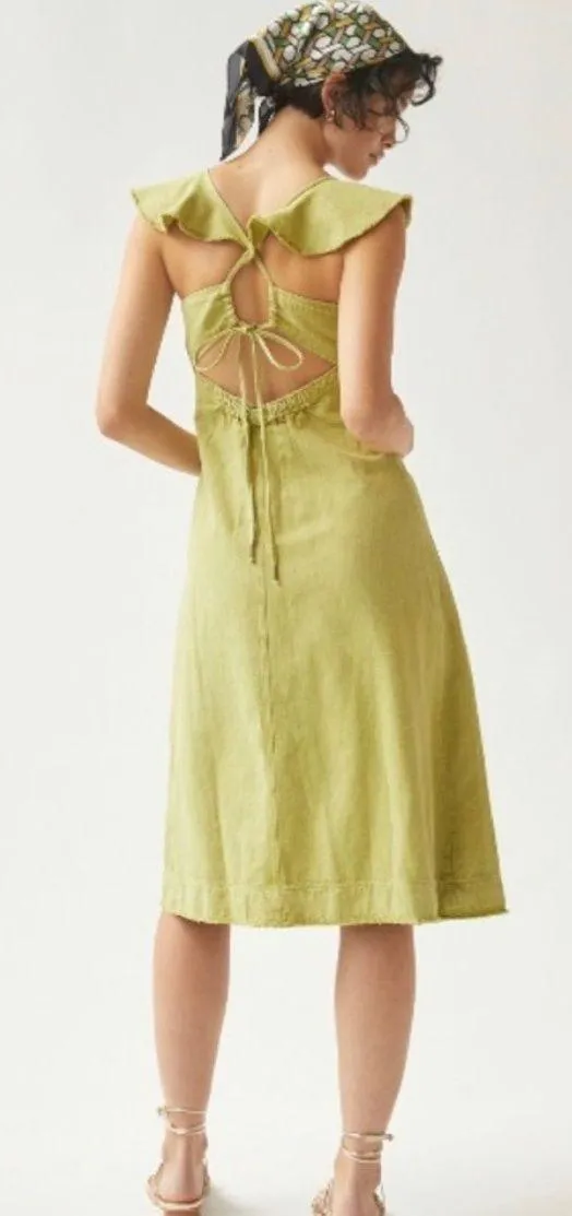 ANTHROPOLOGIE- Pilcro Flutter Sleeve Midi Dress Linen Green Boho Raw Hem Ruffle - Image 2