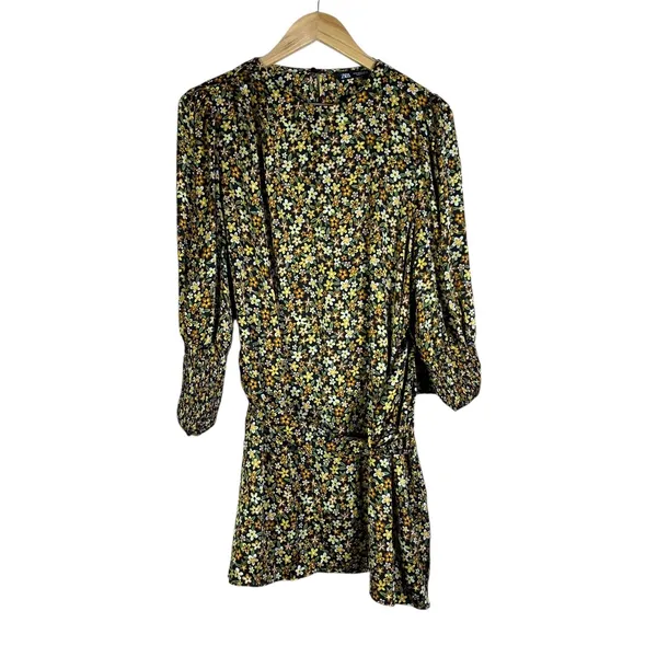 Zara Ditsy Floral Print Mini Dress Yellow Brown Boho Smocked Cuff Size M - Image 3