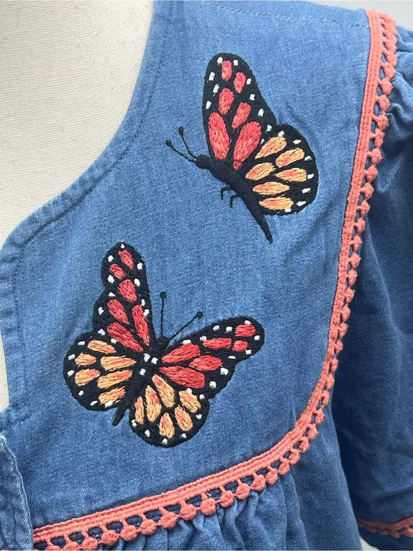 Go Softly Patio Blue Denim Butterfly Embroidered Dress House Duster Medium - Image 3