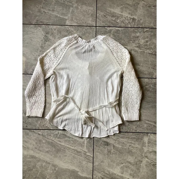 Knitted by Anthropologie White Open Knit Ruffle Hem Cardigan Sweater Tie Back M - Image 7