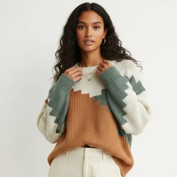 Northy End Geometric Colorblock Ribbed Knit Crewneck Sweater Multi Color Size L - Image 2