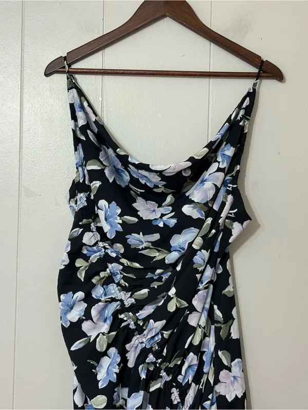 Abercrombie & Fitch Floral Asymmetrical Midi Dress Cowl Neck Cinched Slit Size L - Image 4