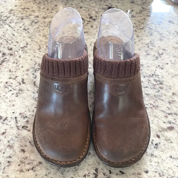 UGG 3085 Wedge Clogs Women 6 Brown Leather Knit Collar Gorpcore Sheepskin Mules - Image 2