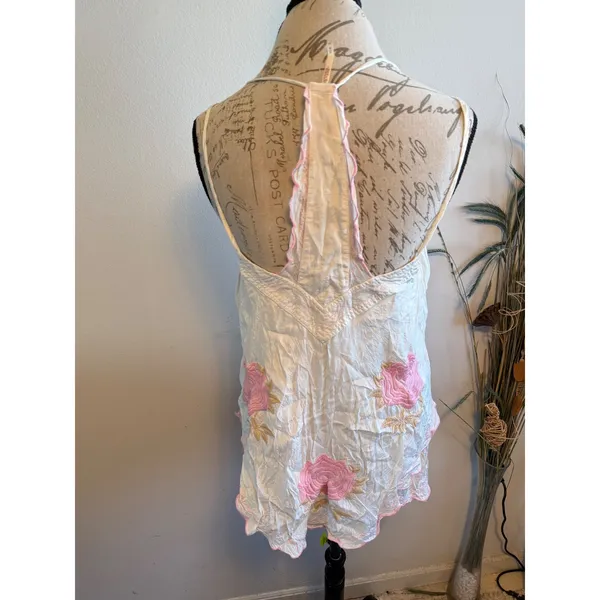 Free People Womens White Pink Rose Embroidered Boho‎ Button Front Cami Top M - Image 4
