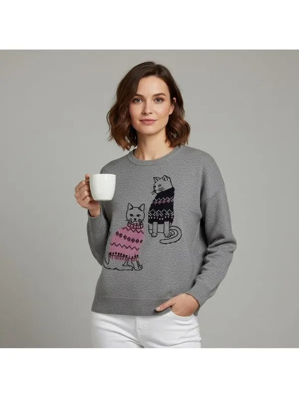 Beldini Double Knit Novelty Cat sweater from Grey kitties graphic design Sz L - Image 2