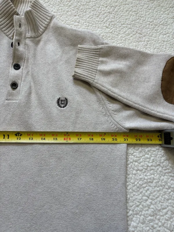 Chaps Ivory Mock Neck Henley Sweater Grandad Acadia Knit Suede Elbow Patch L - Image 5
