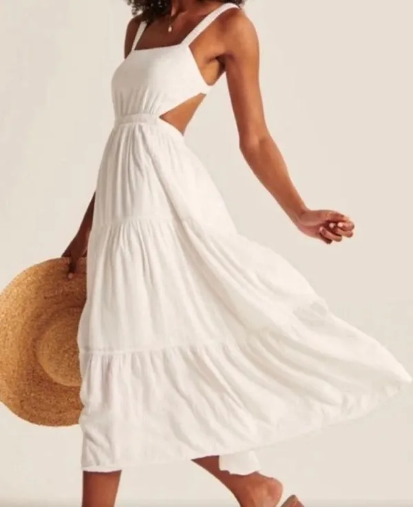 Abercrombie and Fitch linen blend tiered mid dress with stretchy straps - Image 6