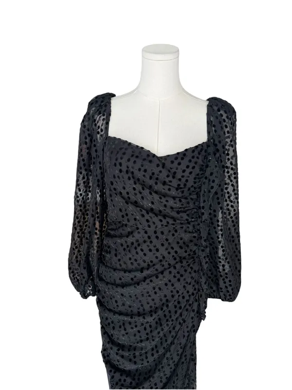 ASTR The Label x Revolve - Athens Black Velvet Polka Dot Ruched Midi Dress Sz M - Image 4