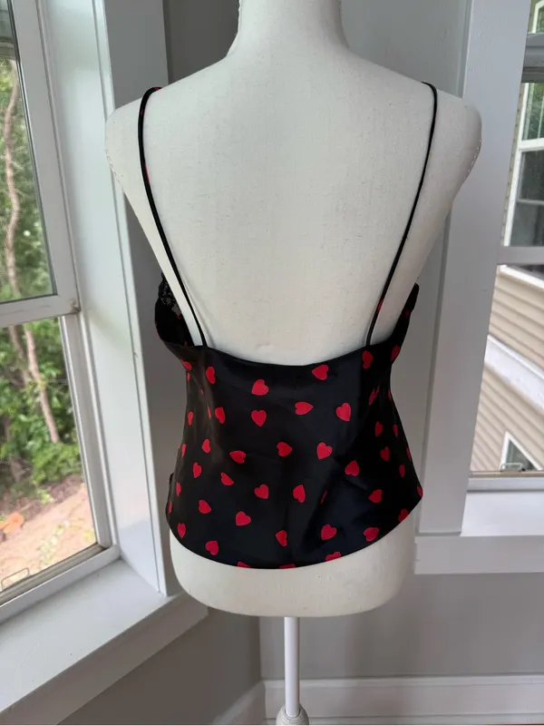 Vintage La Monette Black Lace Satin Camisole with Red Heart Print Size Medium - Image 3