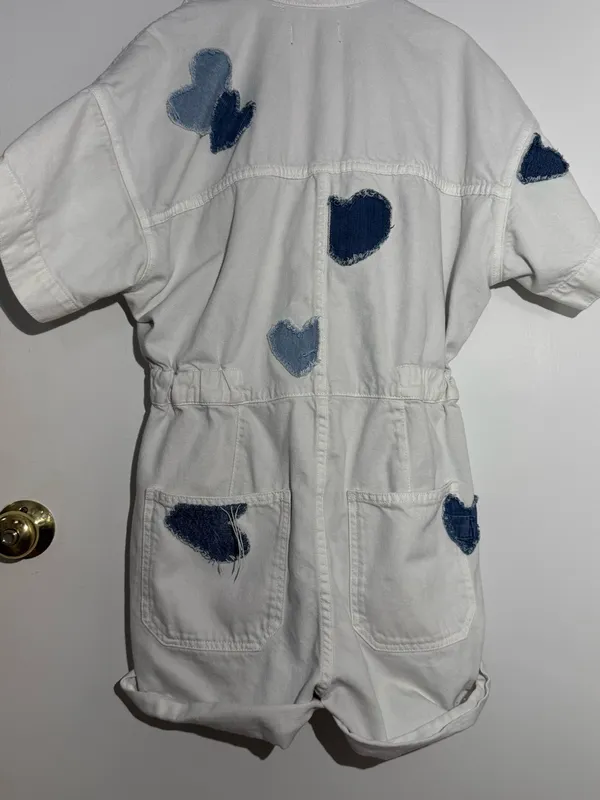 We The Free White Patchwork Denim Shortalls with Light Blue Heart Patch - Image 14