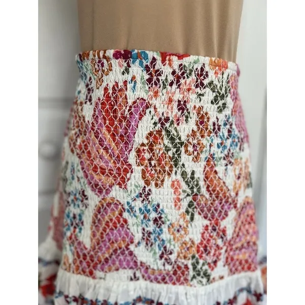 Farm Rio Womens Spring Bananas Smocked Mini Skirt Floral Pom Pom Trim Size M - Image 3