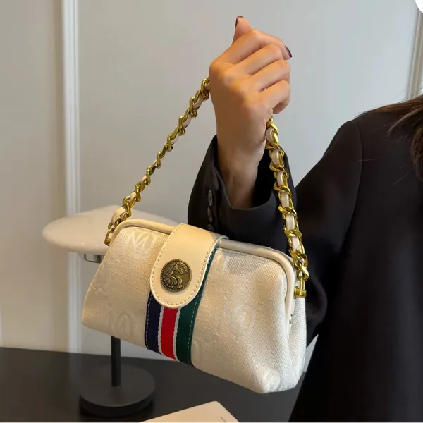 Monogram Chain Shoulder Bag Cream Gold Stripe Crossbody Clutch NIP - Image 11