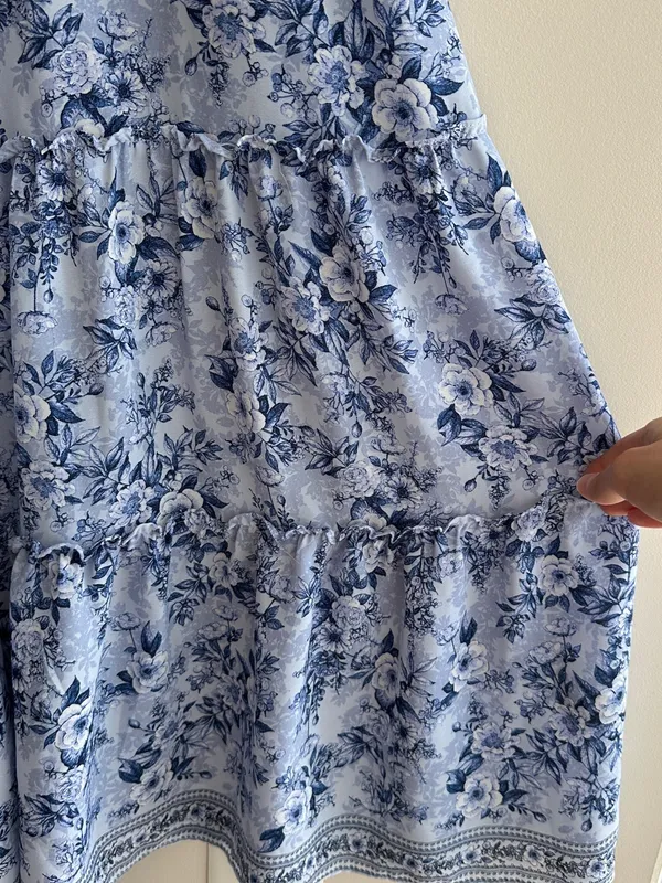 Max Studio Ruffle Cap Sleeve Tiered Maxi Dress, Light Blue Floral, Size Small - Image 16